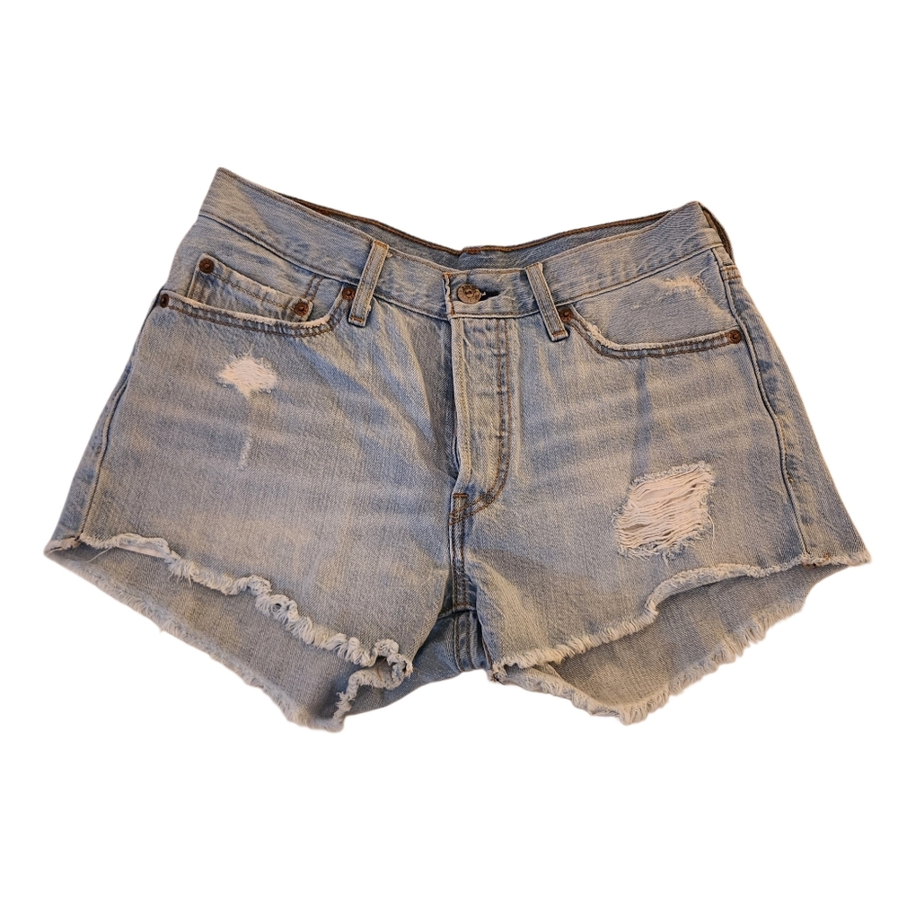 Levis 501 Distressed Light Blue Denim Cut Off Shorts Size 27 Button Fly - Picture 2 of 12